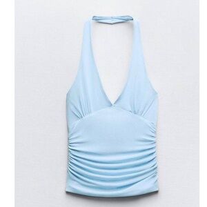 Zara Blue & White Polka Dot Halter Neck Top w/Side Rouching  w/Tags - Size S